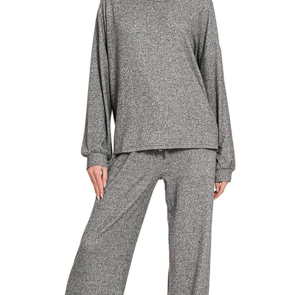 Zenana Soft Melange Hacci Long Slv Tee & Pants Set - Picture 3 of 3